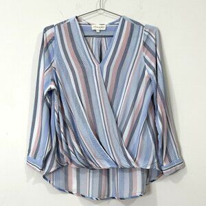 CYNTHIA ROWLEY Blouse Sz S Striped Rayon Faux Wrap V-Neck High Low Long Sleeve